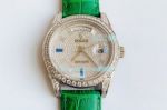 Swiss Replica Rolex Day-Date 41MM Diamonds Watch Stainless Steel Green Leather Strap